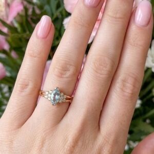 14k HGE Gold Ring w Light Blue Topaz Marquise Gemstone and Side CZ Accents 8.75